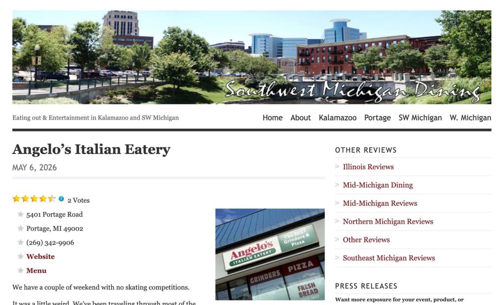 Article featuring a review of Angelo's Italian Eatery